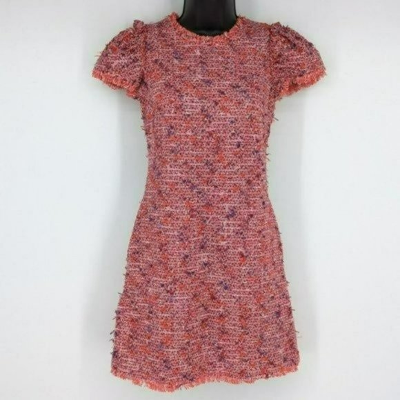 Kate Spade Tweed Sheath Dress 00 Pink Purple Puff Flutter Sleeve Fray Trim Mini - Picture 1 of 14